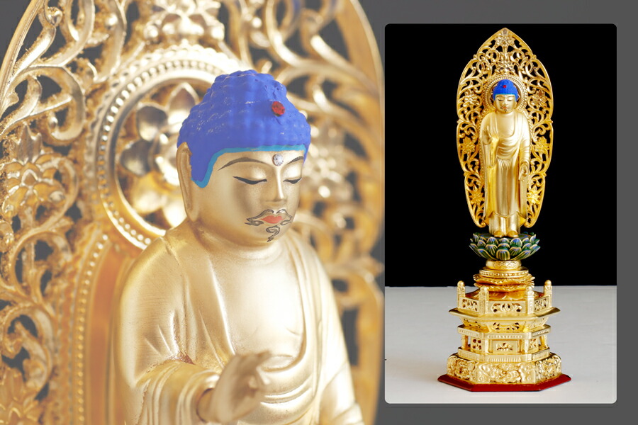 仏像 ■ 金箔 6寸 浄土宗 六角台座 ■ 阿弥陀如来立像仏具 手彫り 仏壇用御本尊 木彫り 神棚 神具 仏具 盆提灯 やまこう 山幸｜神棚・神具・仏具　やまこう