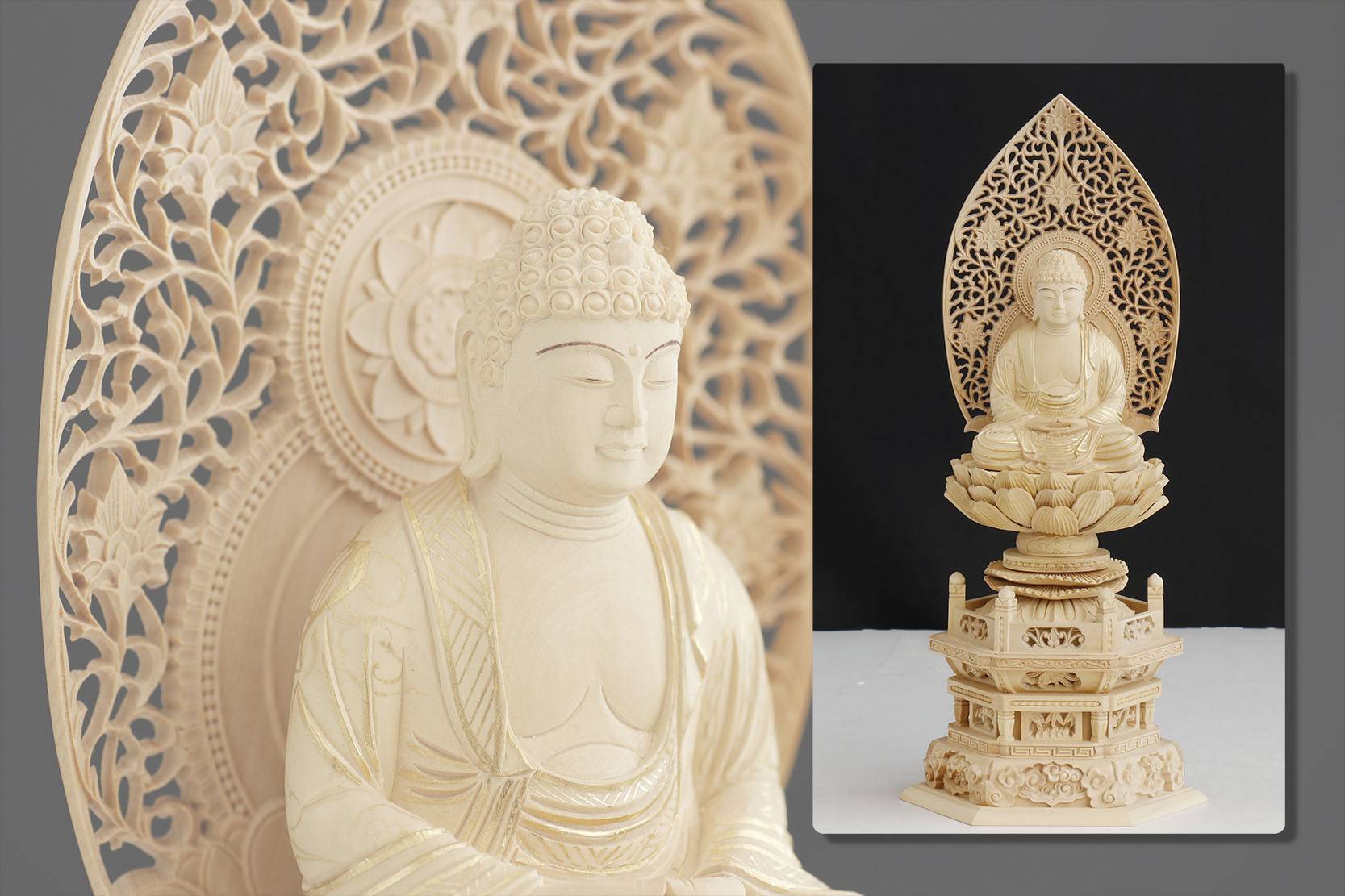 仏像 ■ 総柘植 2寸 【金泥描き】釈迦如来像 六角台座 曹洞宗 臨済宗 天台宗 本尊大佛師【帆刈黌童】監修 手彫り 仏壇用 御本尊 木彫り 神棚 神具 仏具 盆提灯 やまこう 山幸｜神棚・神具・仏具　やまこう