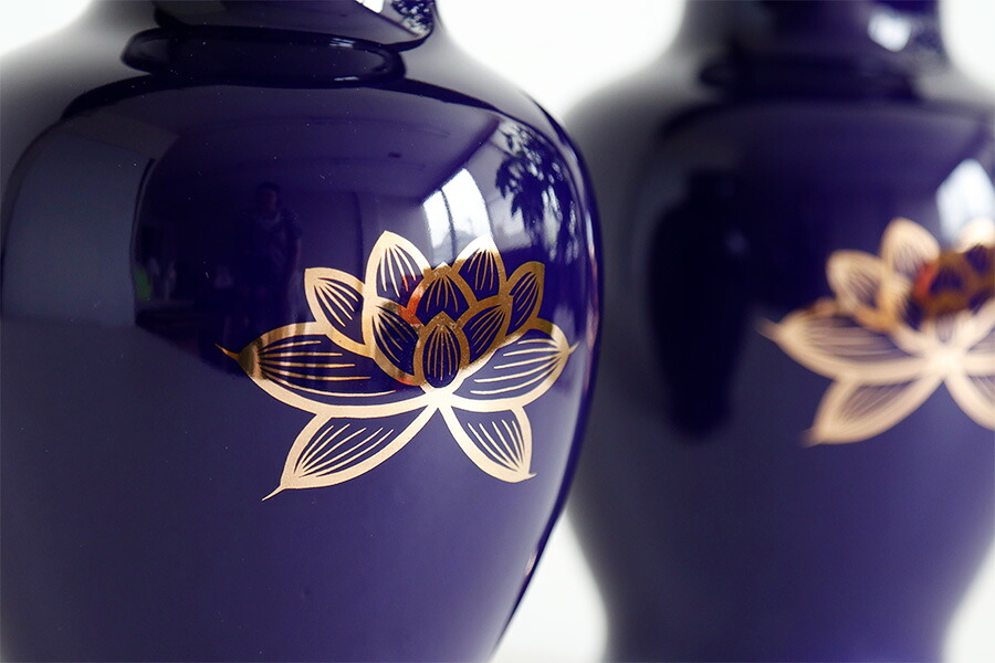 陶器 お墓 花立 花立て 花瓶 仏具 夏目 瑠璃 墓 2本組セット 雲 墓 上金蓮 7寸 サイズ 約 Cm 高さ 5