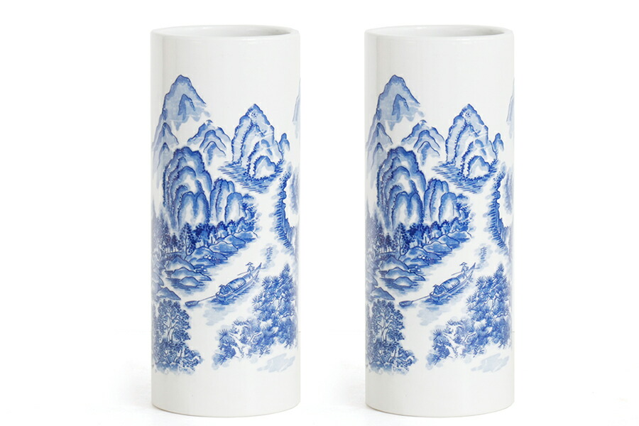 花立 墓 お墓 花立て 仏具 陶器 花瓶 2本組 セット 寸胴 投入 尺 染付 山水画 サイズ 約(cm) 高さ28.5 神棚 神具 仏具 盆提灯 やまこう 山幸