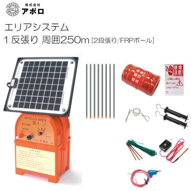 [特価商品] アポロ 電気柵　1反張セット/250m&times;２段張り[ヨリ線/FRPポール] AP-1TAN25-SR-FRP・猪・サル・鹿・狸・クマ被害防止用《北海道、沖縄、離島は別途送料がかかります。》《代引きのご利用は出来ません。》｜ヤマクラ店