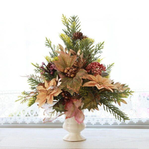 造花 もみの木とゴールドポインセチアのアレンジ CT触媒 クリスマス