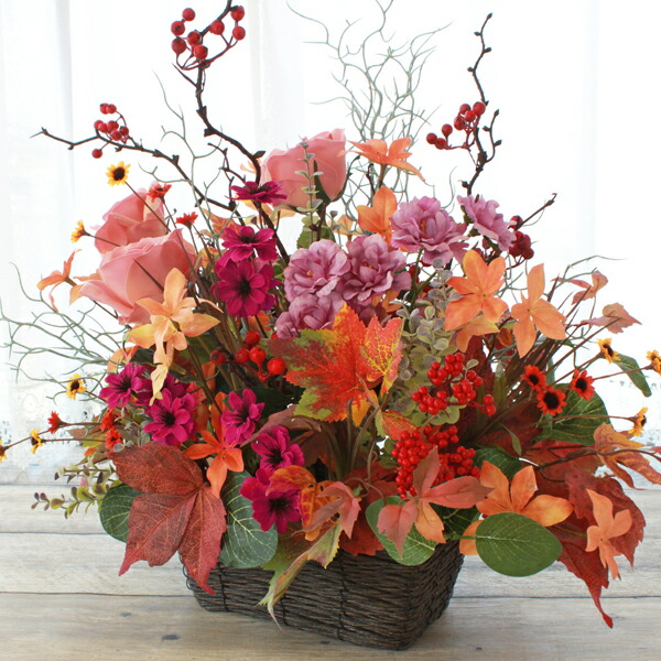 造花 秋のアレンジ 造花 人工観葉植物 シルクフラワー ピンクのローズとベリーのかごアレンジ ピンクのローズとベリーのかごアレンジ 秋のアレンジ シルクフラワー 光触媒 Ct触媒