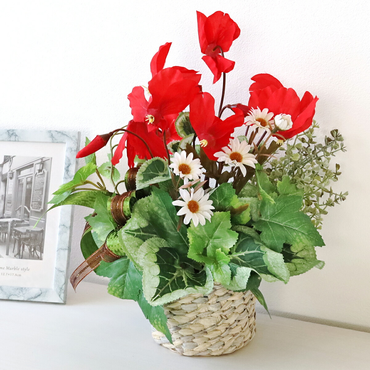 楽天市場】造花 サテーポインセチアとアザミのアレンジ クリスマス