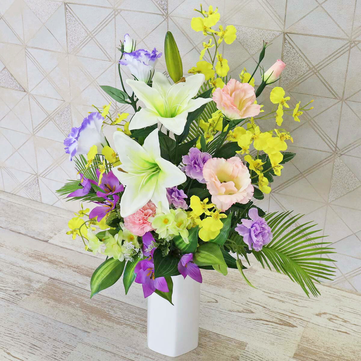 楽天市場】仏花 造花 上品なカサブランカと藤色トルコキキョウのお供え