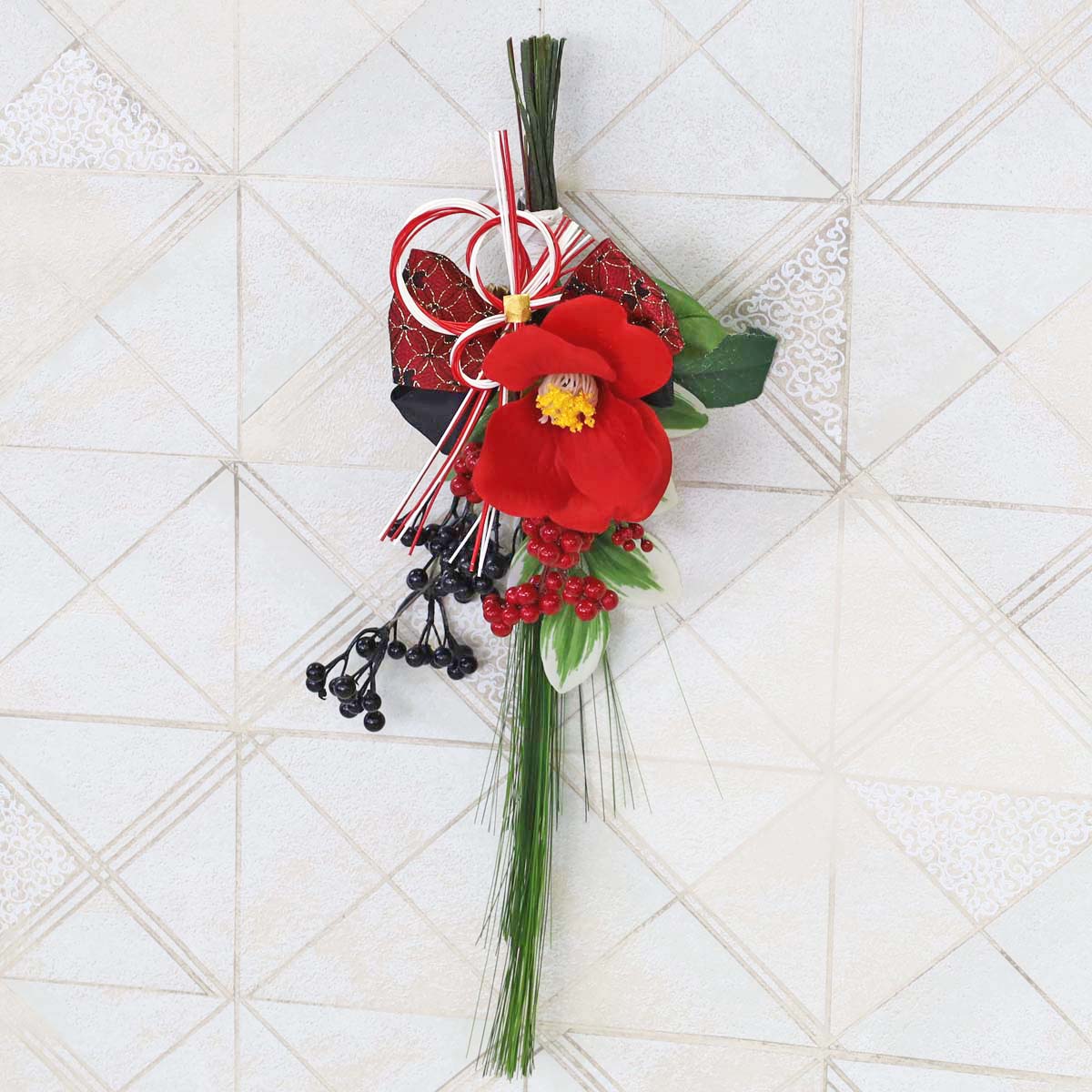 商品名【杏寿】poko❤ ピンク系*菊と椿のお正月リース造花フラワーリース 商品名【杏寿】poko❤ ピンク系*菊と椿のお正月リース造花