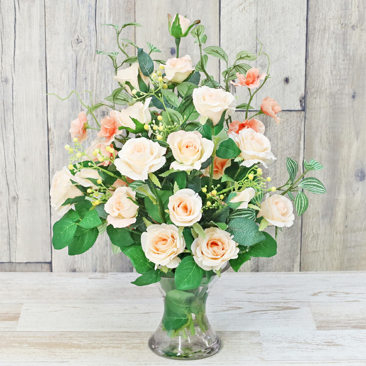 造花 エリーナローズやスイートピーのピーチ系マジカルウォーターのアレンジ シルクフラワー 薔薇 バラ ピンク CT触媒 光触媒 透明 スケルトン フラワーアレンジメント mga|シルクフラワーの山久
