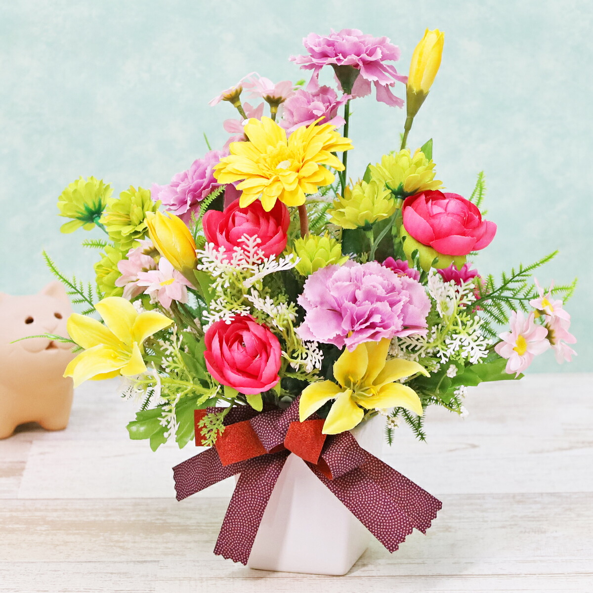 春アレンジフラワー 造花アレンジ カラフルアレンジメント 触媒