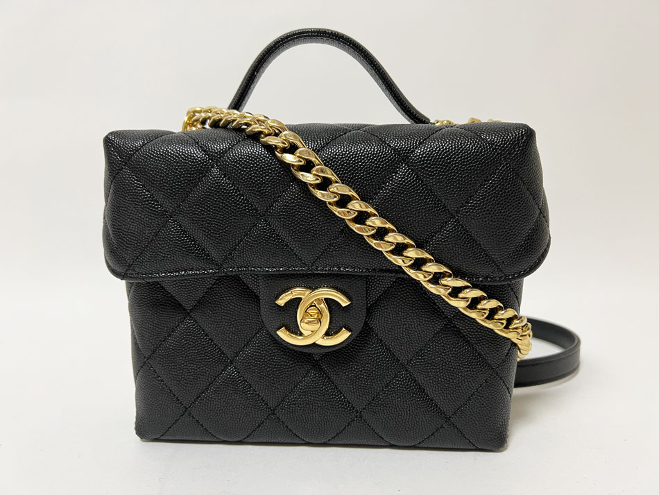 CHANEL シャネル グレインドカーフスキン キャビアスキン マトラッセ フラップ ショルダーバッグ ハンドバッグ ２WAY チェーン ブラック ゴールド金具 シリアルプレート 超美品【中古】