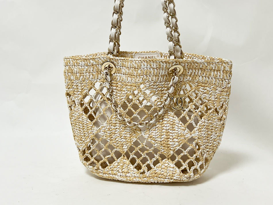 CHANEL シャネル ラフィア スモールショッピング トートバッグ ショルダーバッグ 2WAY ポーチ シャンパンゴールド金具 AS4714 超美品【中古】 333,000円