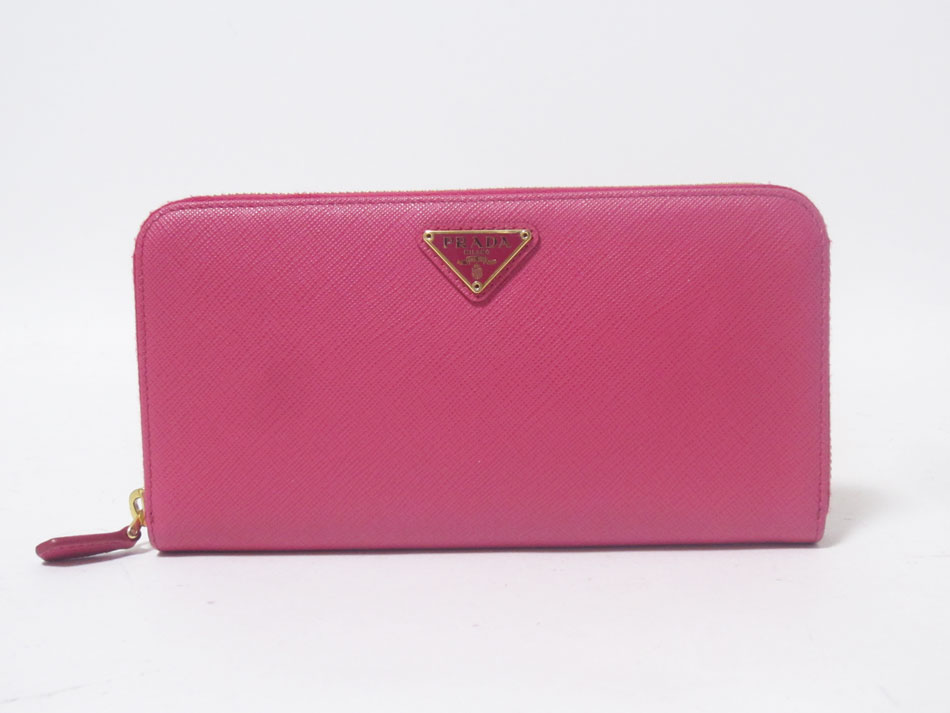 PRADA プラダ ラウンドジッパー紙入れ 長紙入れ SAFFIANO TRIANG PEONIA さくら色 1ML506 美品【中古】