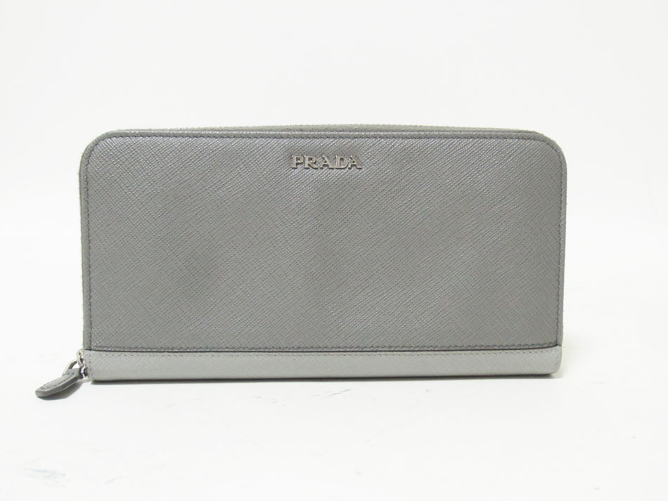 PRADA プラダ ラウンドジッパー紙入れ 長紙入れ SAFFIANO STRIPE サフィアーノ MARMO NUBE 薄墨色 1ML506 美品 【中古】
