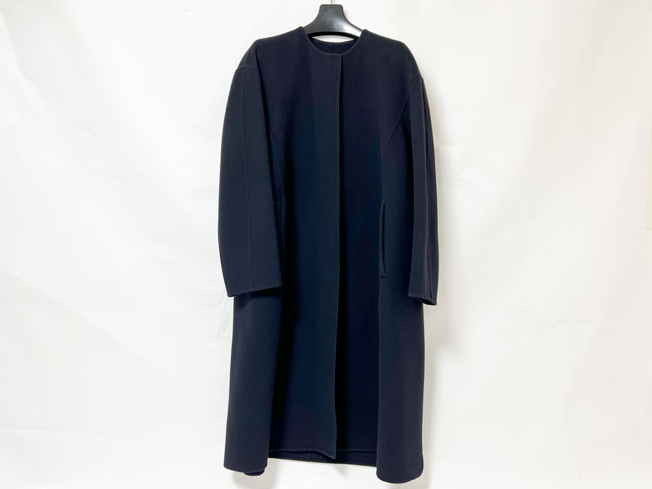 ドゥロワー Drawer 22AW リバーノーカラーコート リバーシブル 34 ドゥロワー Drawer リバーシブルコート ノーカラー ロング 34 紺