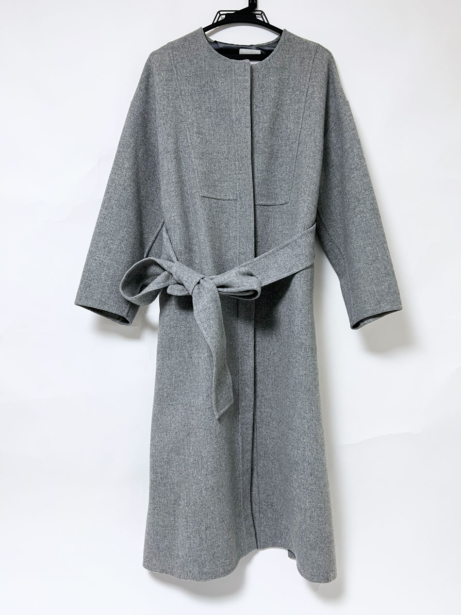 ebure エブール レディース ジロンラムメルトン ノーカラー ロング コート グレー ベルト 3010200122 サイズ：38 美品【中古】 21,000円