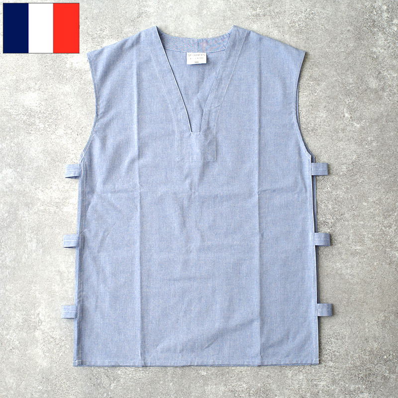 メール便可 フランス軍 GAOベスト シャンブレー サックスブルー デッドストック JS239NN 仏軍 海軍 NAVY ワークウェア 作業用ベスト プルオーバー ノースリーブ Vネック 薄手 コットン ポリエステル カジュアル 2000年代 00s 実物ミリタリー 軍物 軍モノ 未使用品