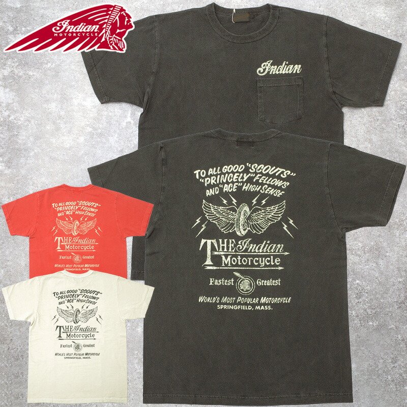1点ならメール便可 INDIAN MOTORCYCLE インディアンモーターサイクル #IM79725 半袖 ピグメントダイ ポケット Tシャツ『FLYING WHEEL』 メンズ 男性 トップス ティーシャツ ショートスリーブ バイク バイカー カジュアル アメカジ 春 夏 アメリカ製 ヴィンテージ加工