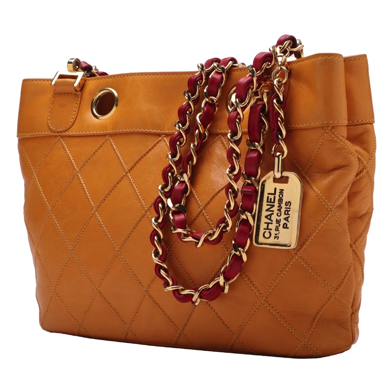 CHANELラムスキン ビコローレ プレートチャーム付き ダブルチェーン