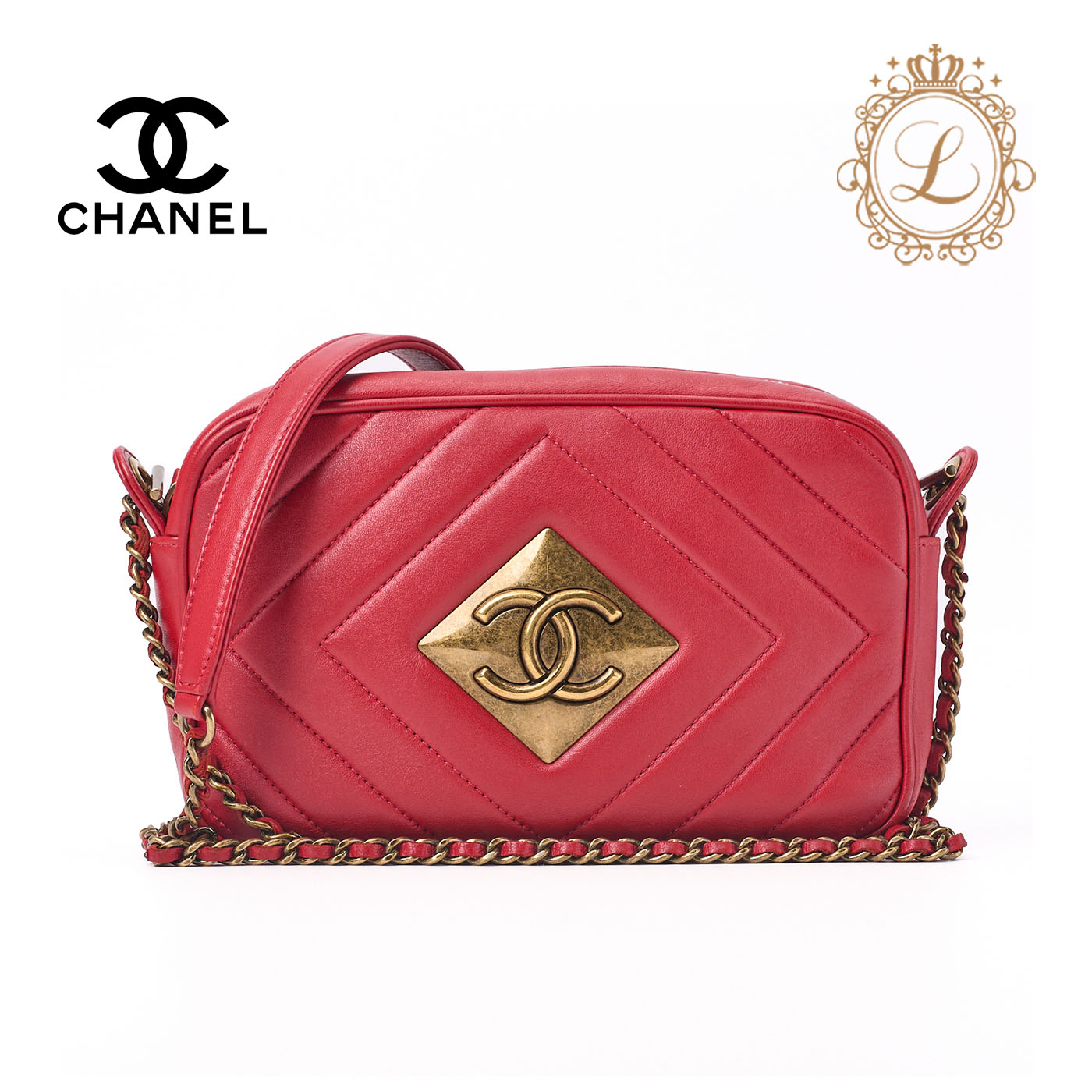 CHANEL シャネル 金剛石編み目 ココマーク チェーン店肩先 子ヒツジ人はだ  赤（ゴールド金具） ハンドバック  レディース御徒面子 レディースうしろ側 ご機嫌ブランド名【中古】【貨物輸送無料】