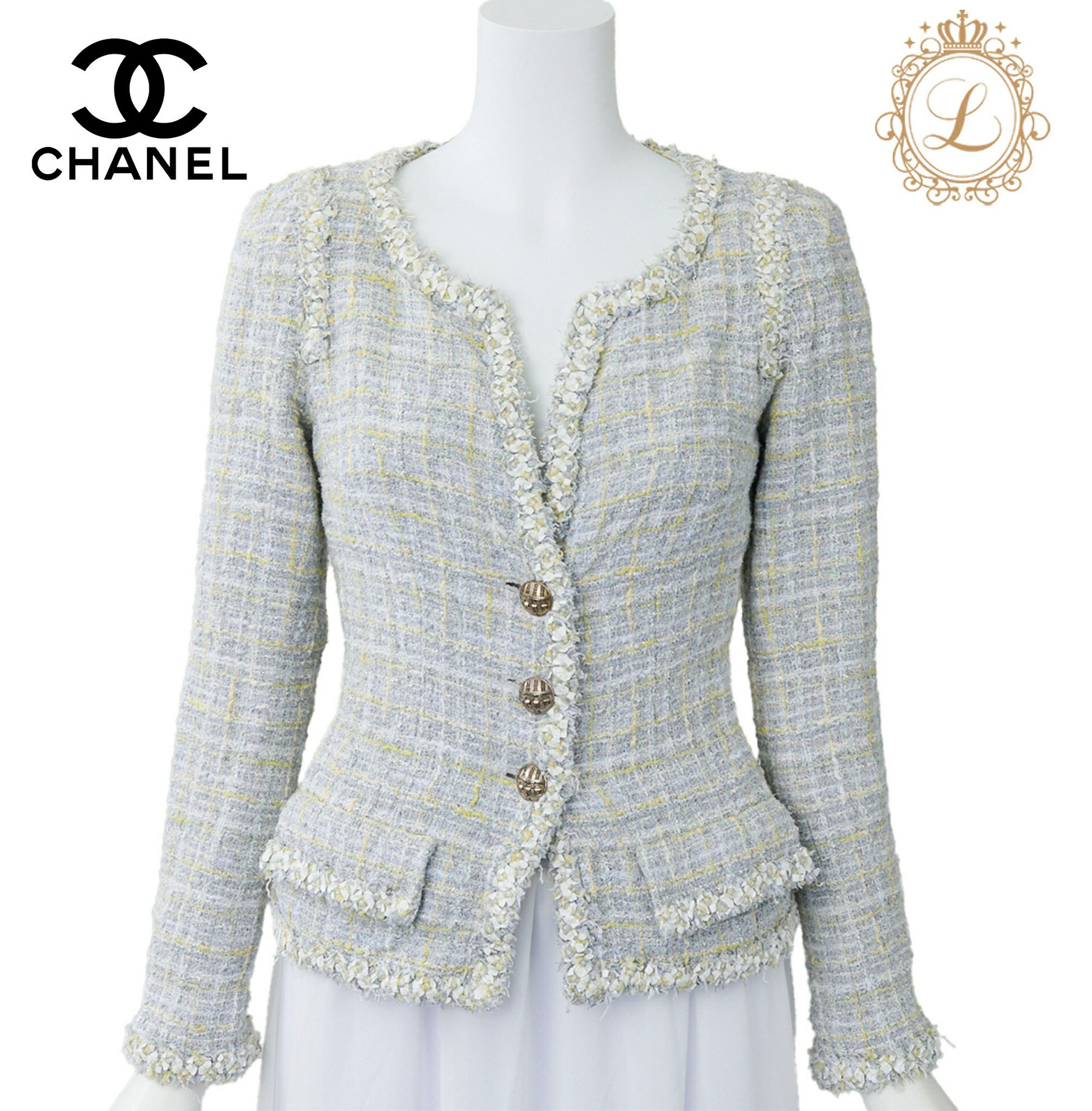【返品可】CHANEL シャネル ココボタン ツィード 否色合い 上衣 アウター34  青碧×緑であること×白 ブランド名 御召しもの
