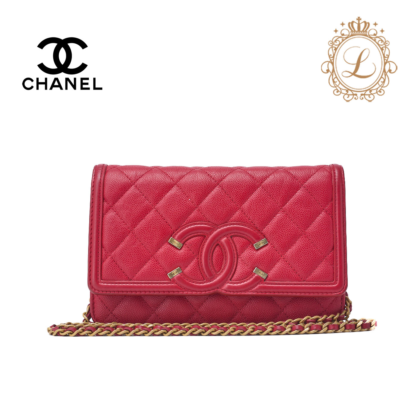 CHANEL シャネル ショルダーバッグ チェーンウォレット マトラッセ キャビアスキン CCフィリグリー 赤 ゴールド金具　レディースバッグ　ブランド【中古】【送料無料】