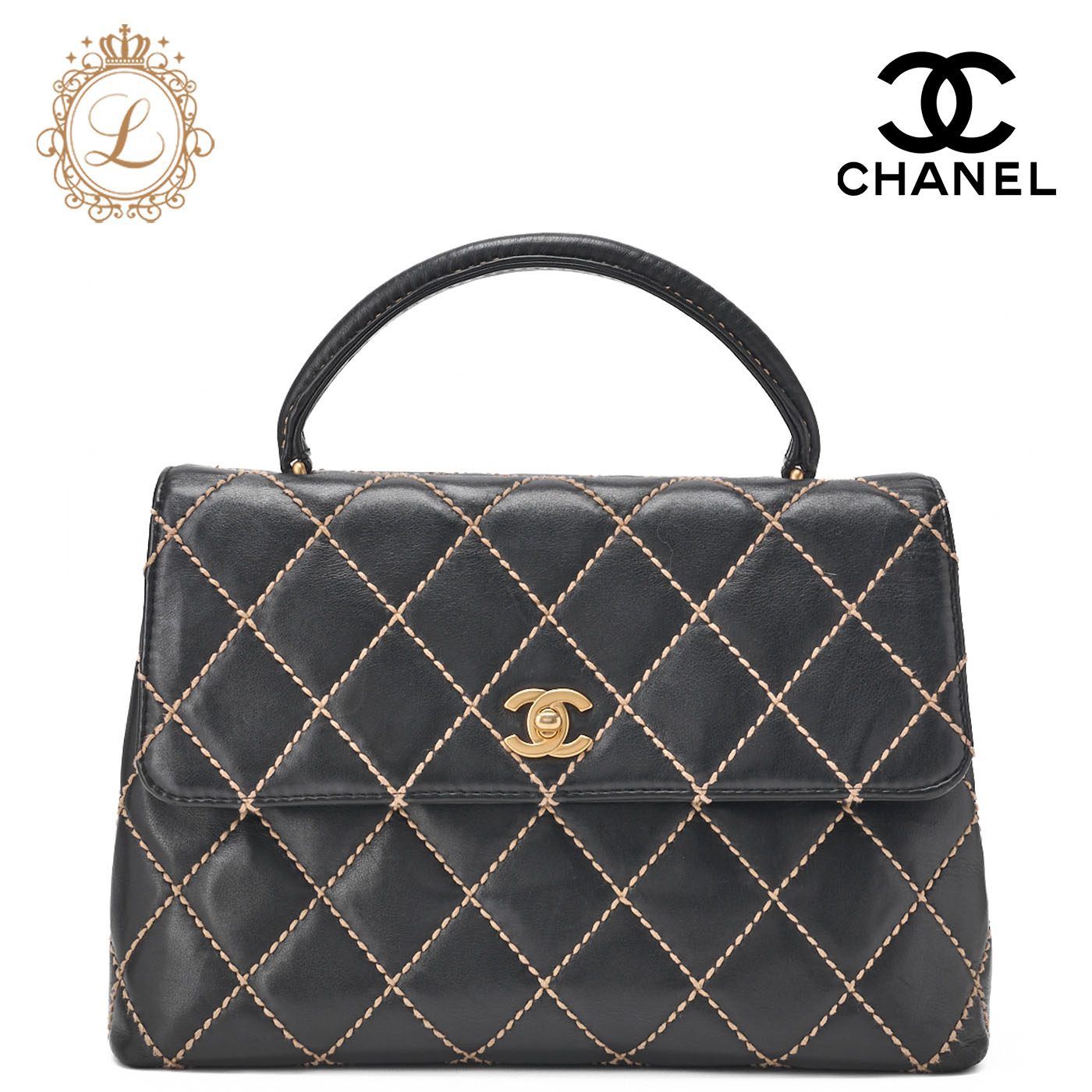 CHANEL シャネル ココマーク ワイルドステッチ ターンロック ハンドバッグ カーフスキン 黒（ゴールド金具） トートバッグ レディーストートバック ハイブランド【中古】【送料無料】