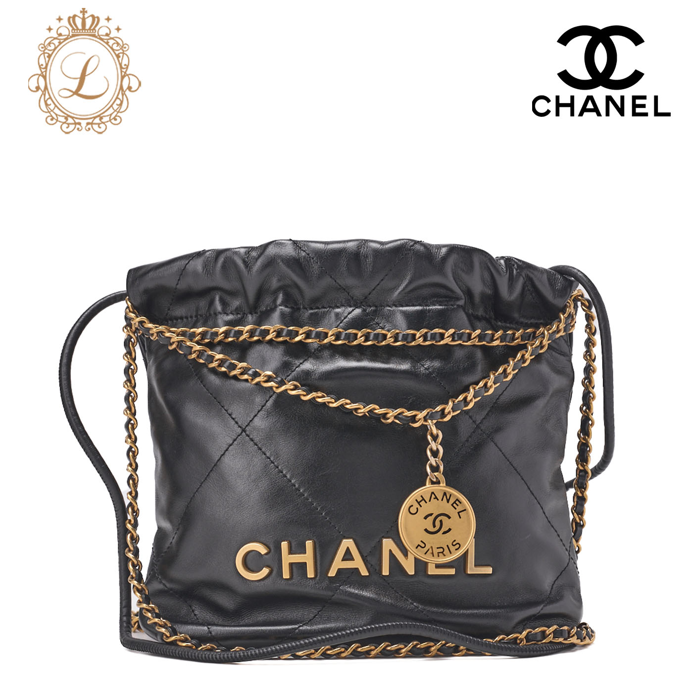CHANEL シャネル シャネル22 ミニ カーフスキン 黒 巾着 チェーンショルダーバッグ（ゴールド金具） スモール レディース【中古】【送料無料】｜Vintage La Charme 335,250円