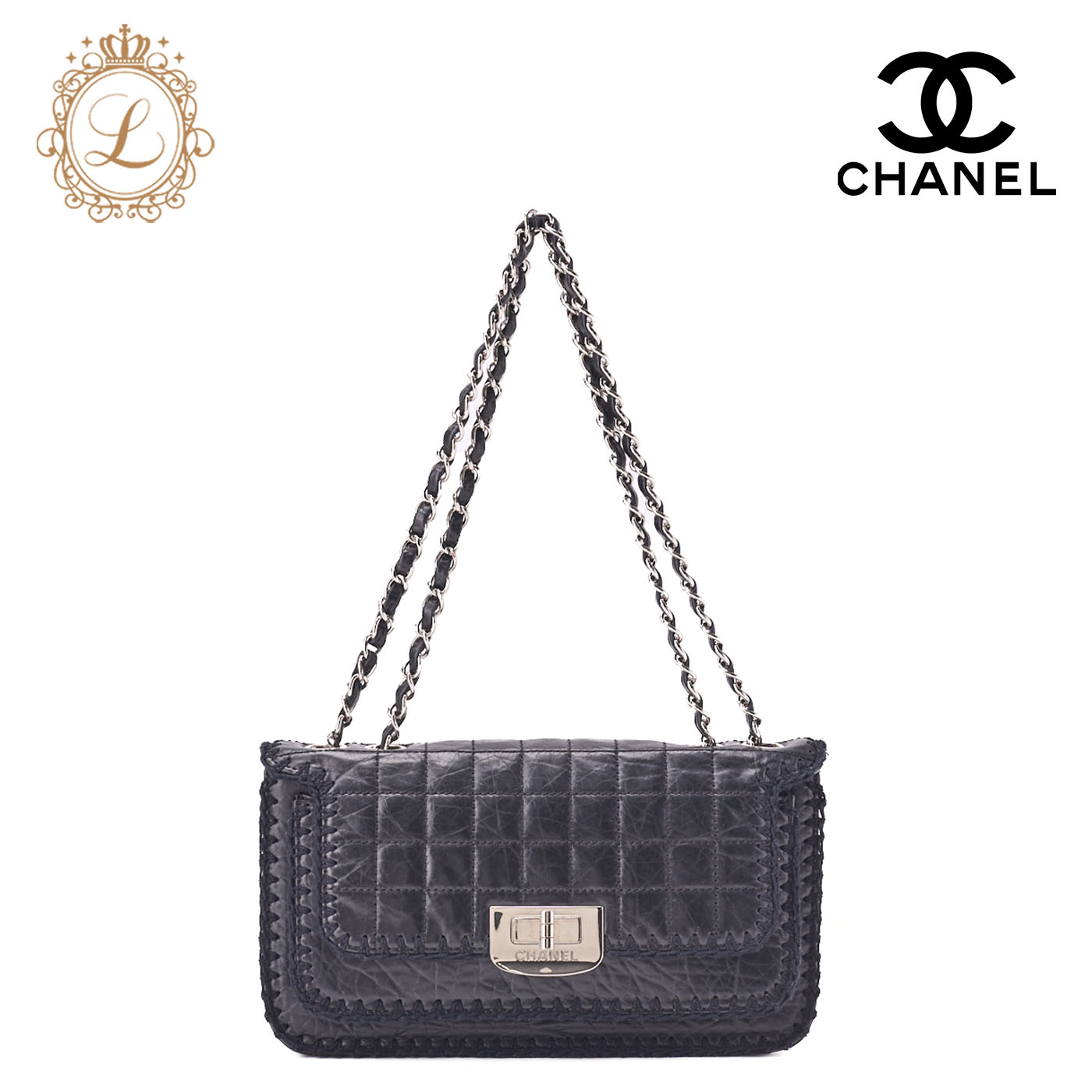 CHANEL シャネル チョコバー シルバー金具 カーフ ショルダーバッグ シャネルチョコバー チェーンショルダーバッグ 黒 シルバー金具