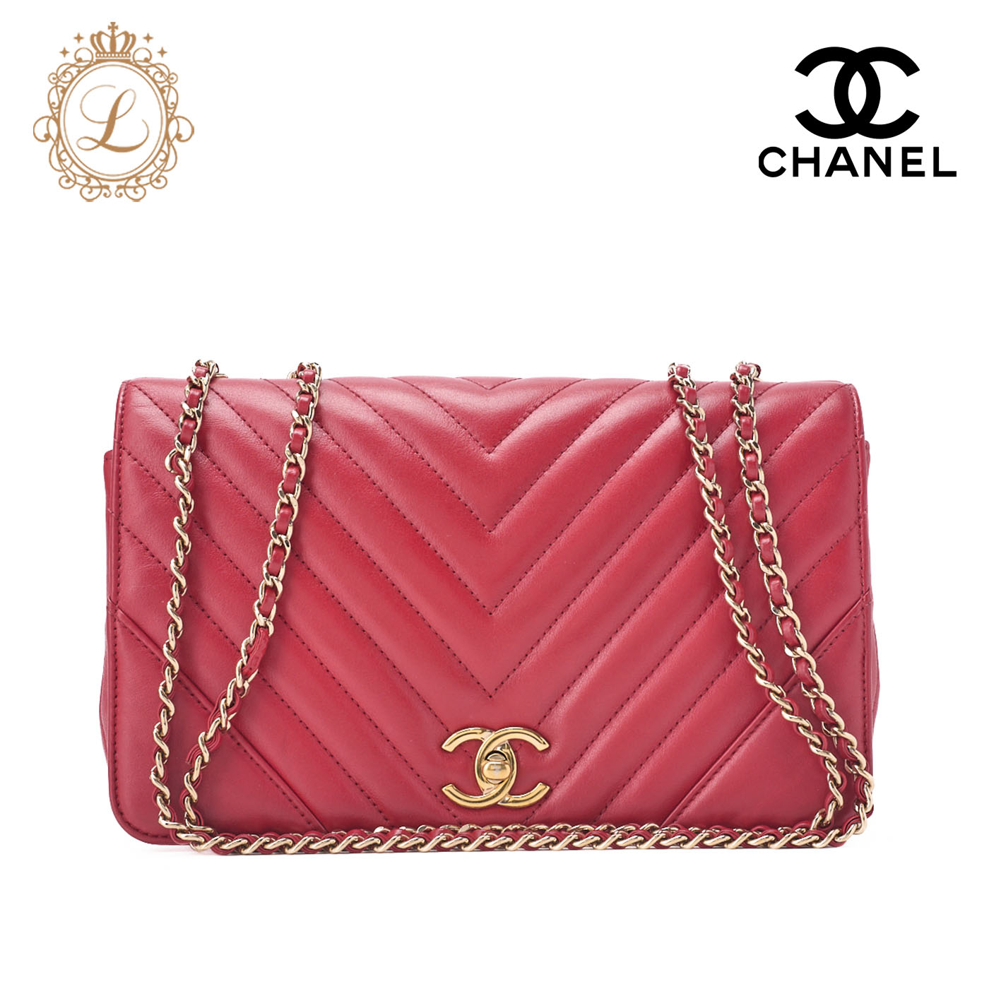 CHANEL シャネル ショルダー バッグ 　カーフスキン　 Vステッチ 　赤　ココマーク　シングルフラップ（ゴールド金具） レディース【中古】【送料無料】