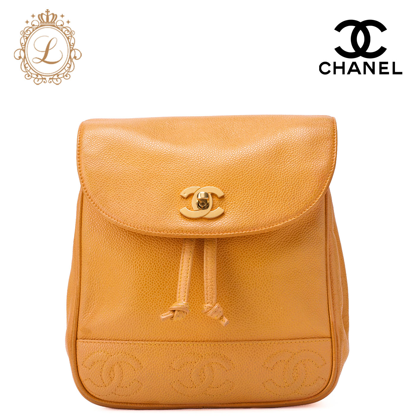 CHANEL シャネル　リュック 　キャビアスキン　 トリプルココ 　ターンロック 　イエロー　ゴールド金具 レディースバッグ ブランド【中古】【送料無料】