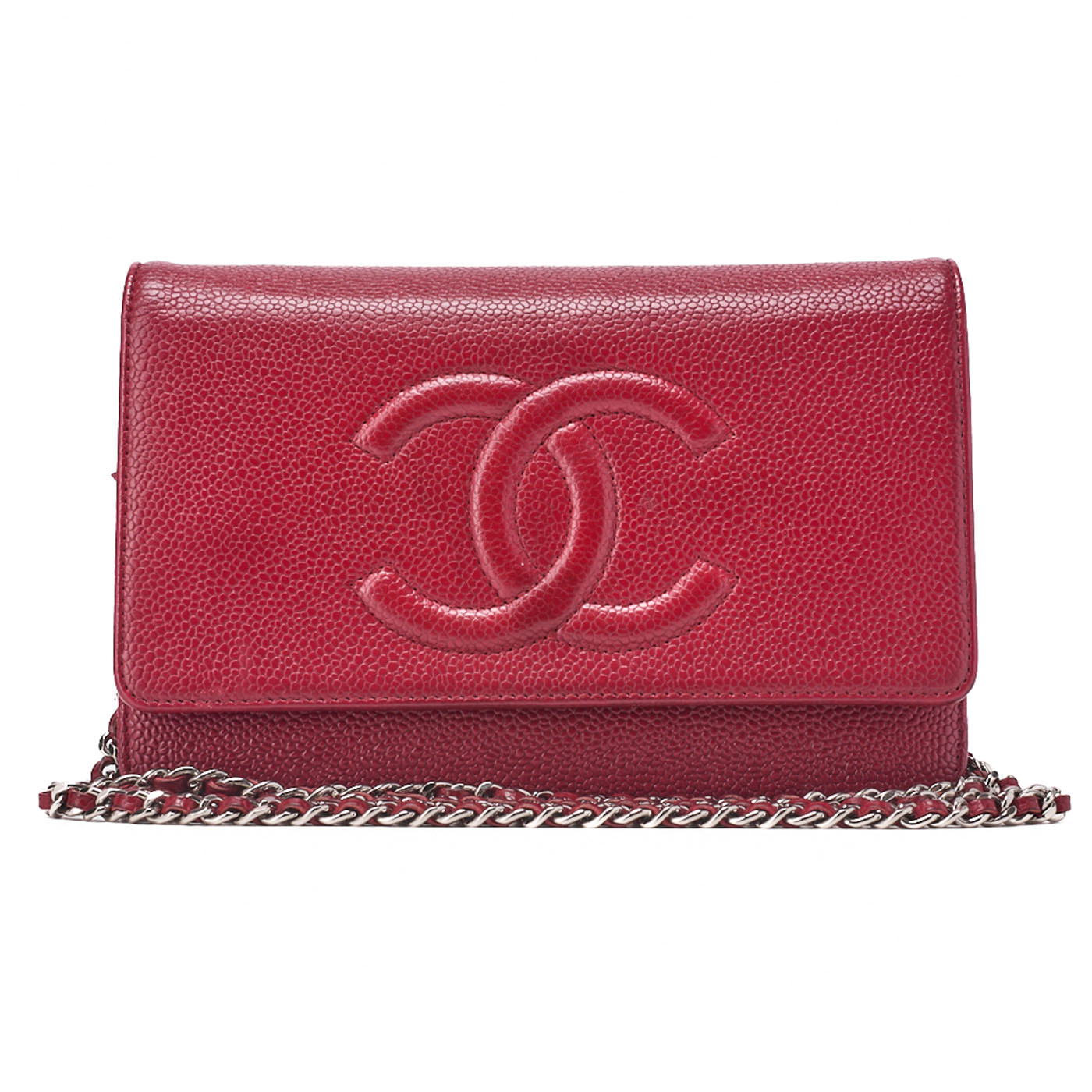 CHANEL シャネル  チェーンショルダーバッグ   チェーンウォレット キャビアスキン プッシュロック ココマーク   赤   シルバー金具  ブランド【中古】【送料無料】