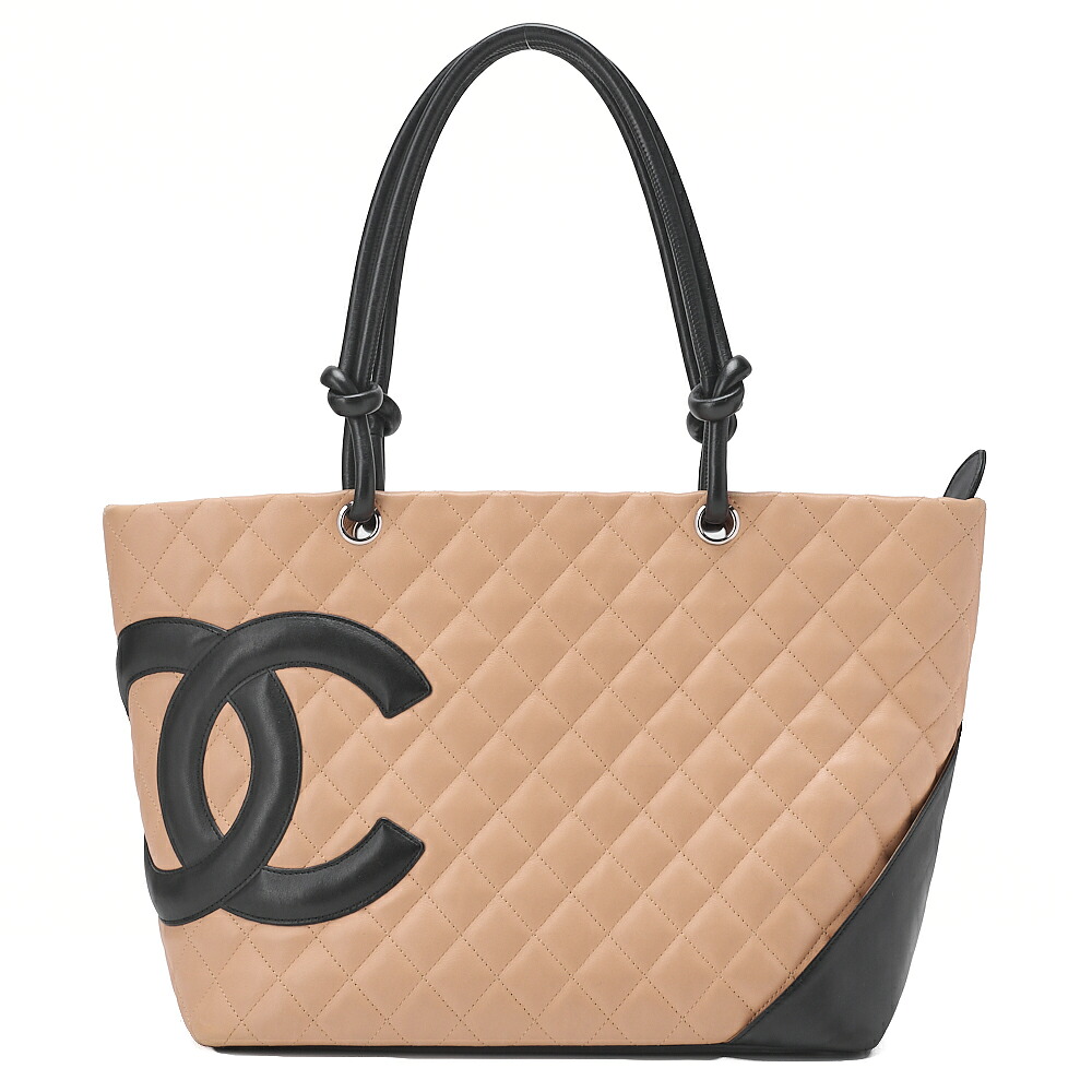 CHANEL シャネル 　カンボンライン 　カーフレザー　カンボンライン　ラージ　ベージュ×黒 　トートバッグ（シルバー金具）レディース【中古】【送料無料】