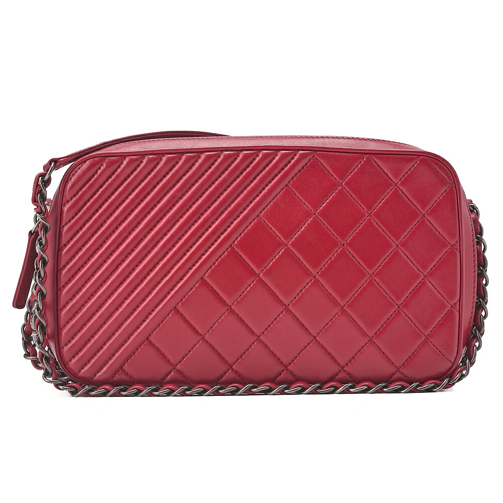 CHANEL シャネル　 斜めステッチ　マトラッセ　ココチャーム　チェーンショルダーバッグ 　ラムスキン　 赤（シルバー金具） レディースバッグ ハイブランド【中古】【送料無料】