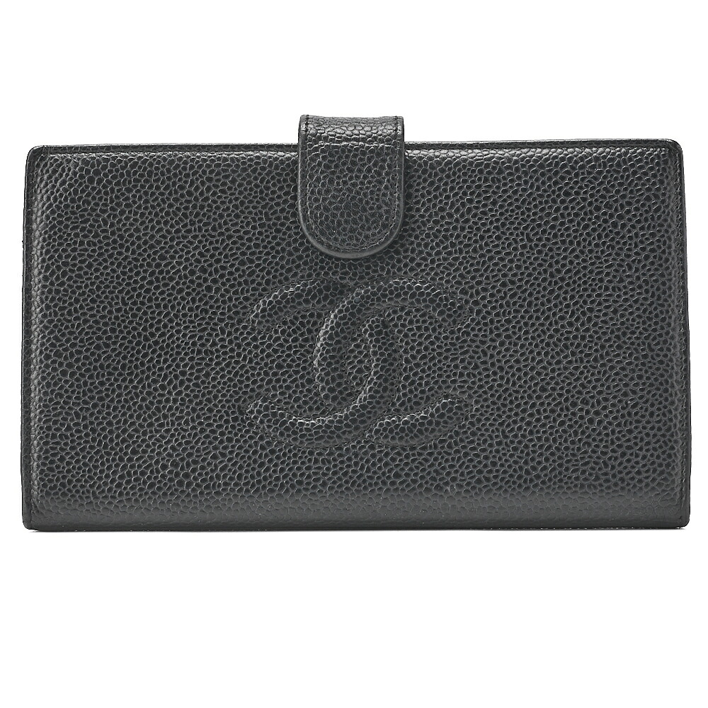 CHANEL シャネル キャビア人はだ ココマーク 2つ折り長紙入れ 黒（ゴールド金具）レディースウォレット 折紙入れ レディース紙入れ  【中古】【貨物輸送無料】