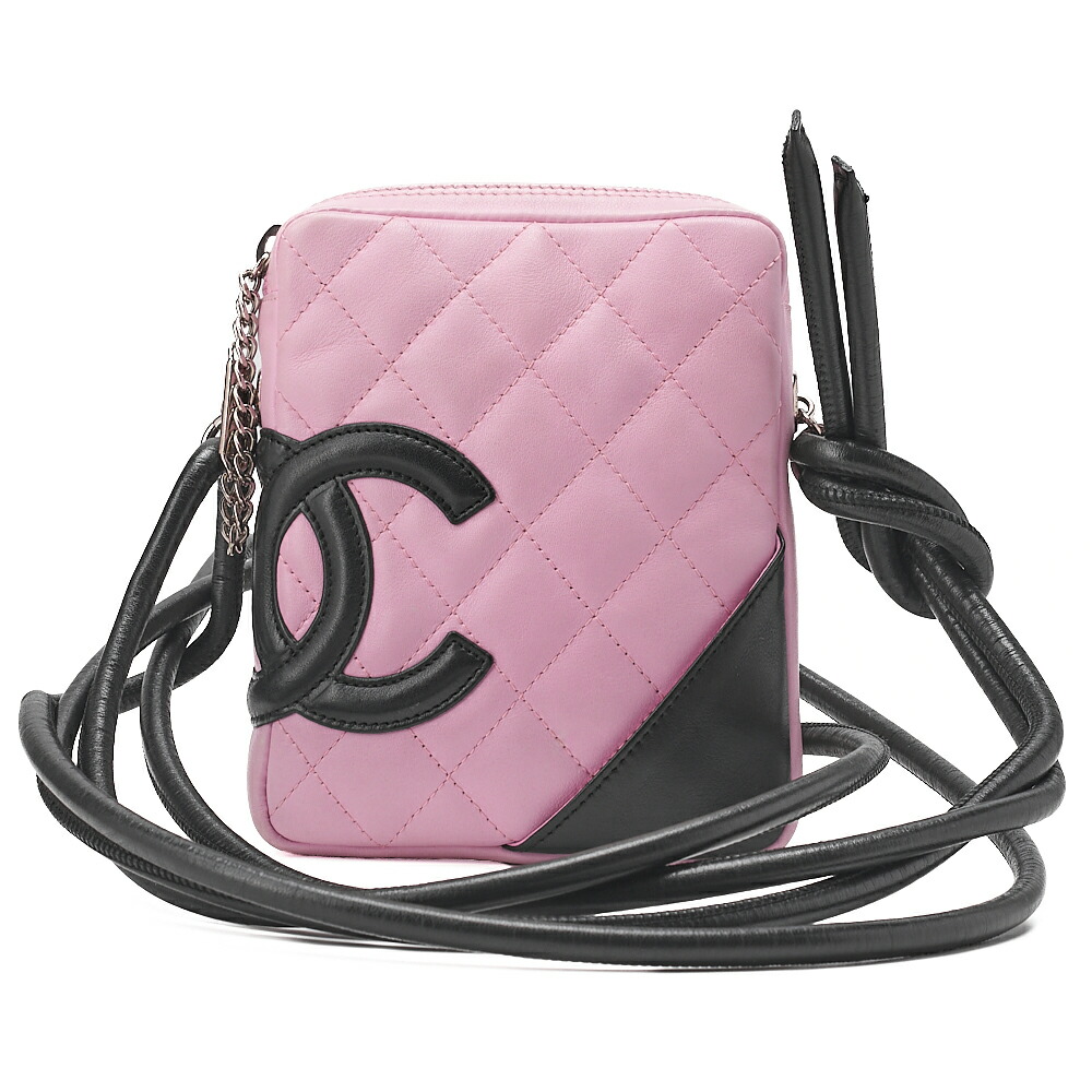 CHANEL シャネル カンボンライン マトラッセ カーフスキン サクラ色×黒 ミニショルダーバック（しろがね色金具）レディース【中古】【貨物輸送無料】【SS】