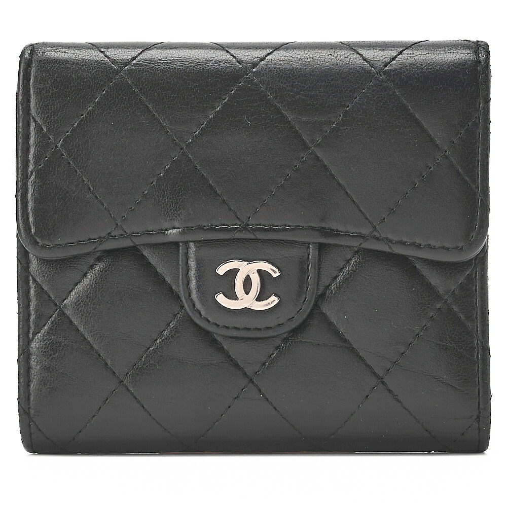CHANEL シャネル マトラッセ 三つ折りコンパクト 財布 ラム 黒（シルバー金具）レディースウォレット 財布 【中古】【送料無料】