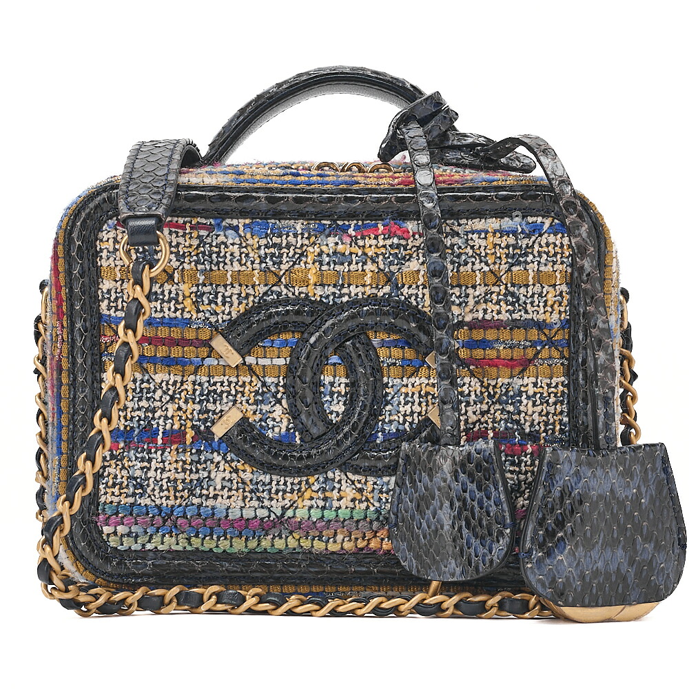 CHANEL シャネル ショルダーバッグ トートバッグ ココマーク CCフィリグリー ２WAYハンドバック パイソン×ツィード 米国海軍×マルチ色つや ゴールド金具 レディース御徒面子 ブランド名【中古】【貨物輸送無料】