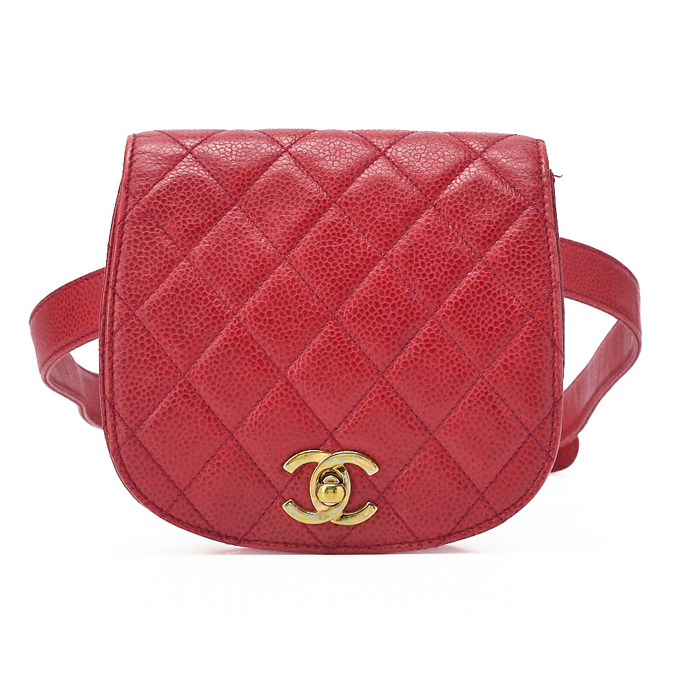 CHANEL シャネル 酉の方角御徒面子 マトラッセ 折りかえし鍵を掛ける ラウンド型 キャビアひと肌 赤 ゴールド金具 レディース御徒面子 ブランド名【中古】【貨物輸送無料】