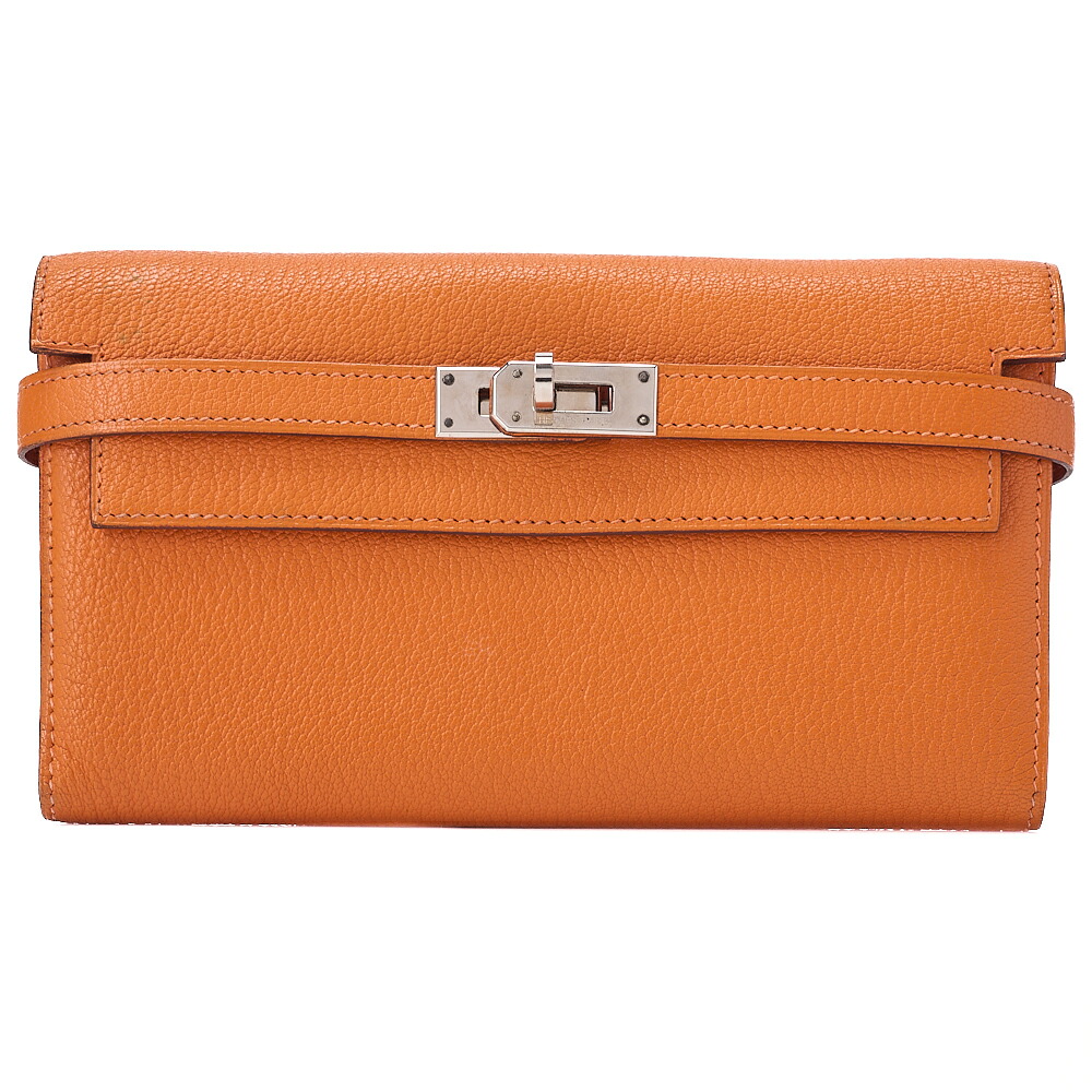 HERMES エルメス ケリーウォレット 3つ折り長金入れ シェーブル オレンジ色 しろがね色金具 レディースウォレット レディース長金入れ【中古】【貨物輸送無料】