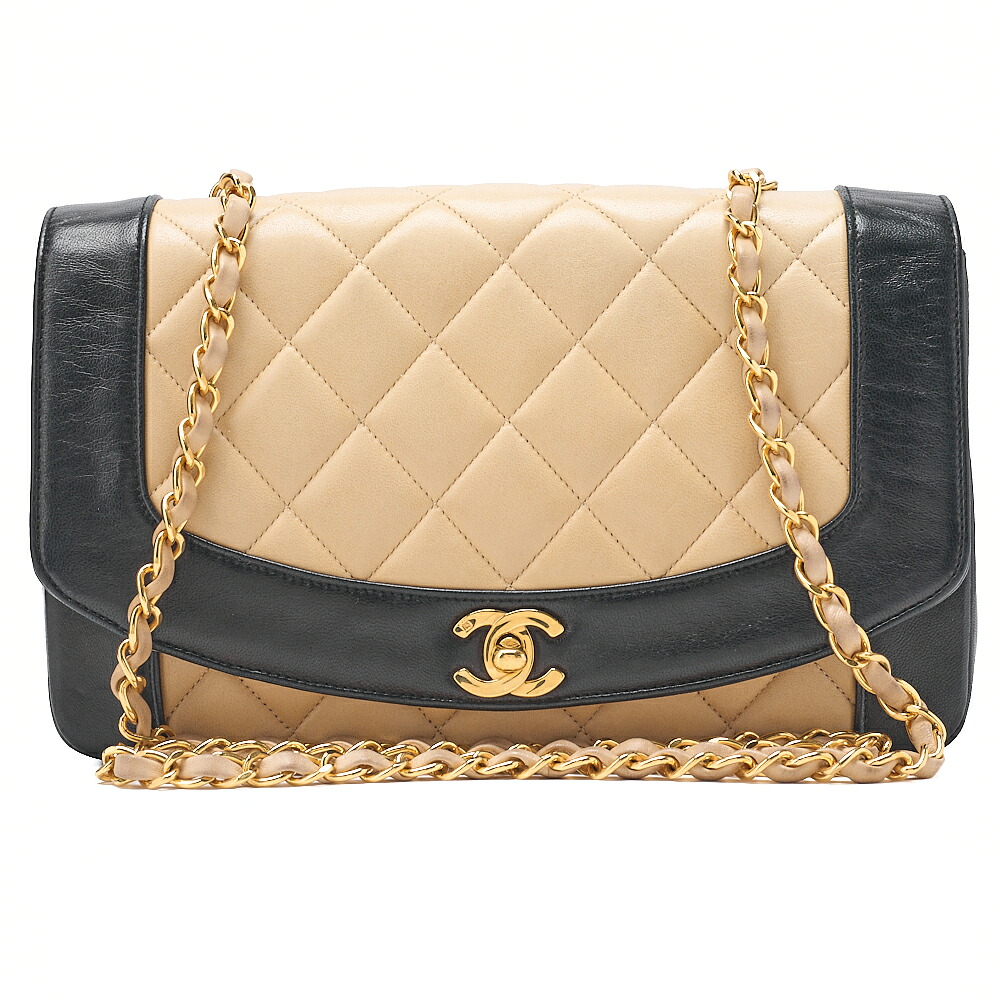 CHANEL シャネル マトラッセ ダイアナ下げ翼 25糎 チェーン店肩先 子ヒツジひと肌  黒×ベージュ  ゴールド金具 レディース御徒面子 ブランド名【中古】【貨物輸送無料】 バッグ・小物・ブランド雑貨-ショルダーバッグ・メッセンジャーバッグ