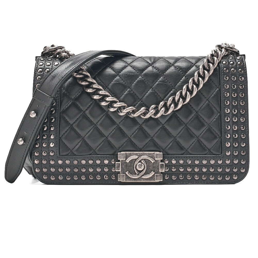 CHANEL シャネル ラムスキン&times;スタッズ ボーイシャネル チェーンショルダー 黒（シルバー金具）レディースバッグ レディースショルダーバッグ ショルダーバッグ ハイブランド【中古】【送料無料】｜Vintage La Charme
