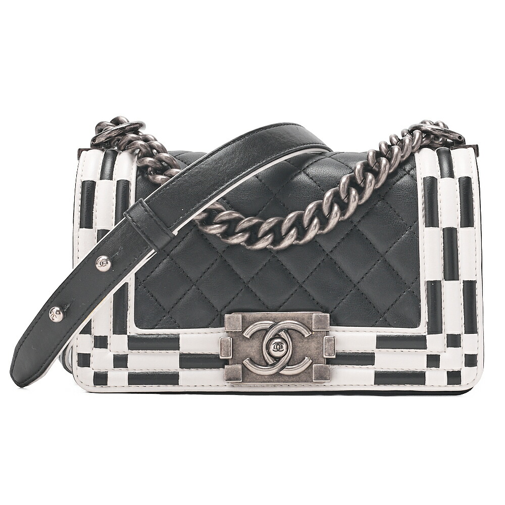 CHANEL シャネル 子ヒツジ素はだ 男の子シャネル  チェーン店肩部 黒×白（しろがね色金具）レディース御徒面子 レディースショルダーバッグ ショルダーバッグ 御機嫌ブランド名【中古】【貨物輸送無料】