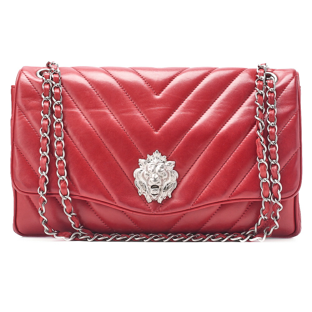 CHANEL シャネル　Ｖステッチ　シェブロン　ライオン柄ロック　チェーンショルダ　ラムスキン　赤（シルバー金具） レディース バッグ　ショルダーバッグ　レディース 【中古】【送料無料】