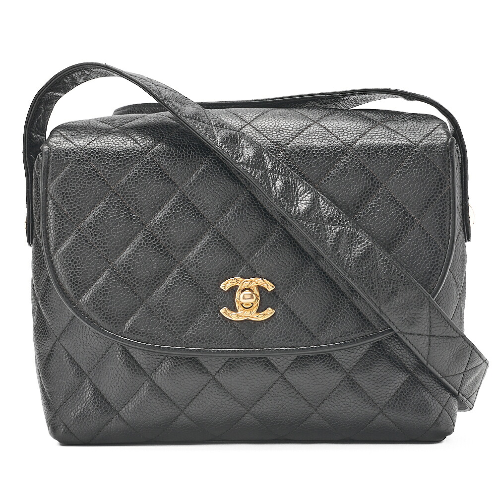 CHANEL シャネル マトラッセ ラウンド下げ翼 曲がること鍵を掛ける 肩先 キャビアひと肌 黒  ゴールド金具 レディース御徒面子 ブランド名【中古】【貨物輸送無料】 バッグ-ショルダーバッグ・メッセンジャーバッグ