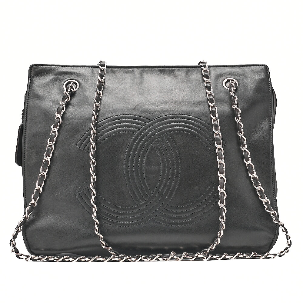 CHANEL シャネル 子ヒツジ素はだ デカココマーク Wチェーン店肩部 黒  しろがね色金具  レディース 御徒面子 【中古】【貨物輸送無料】