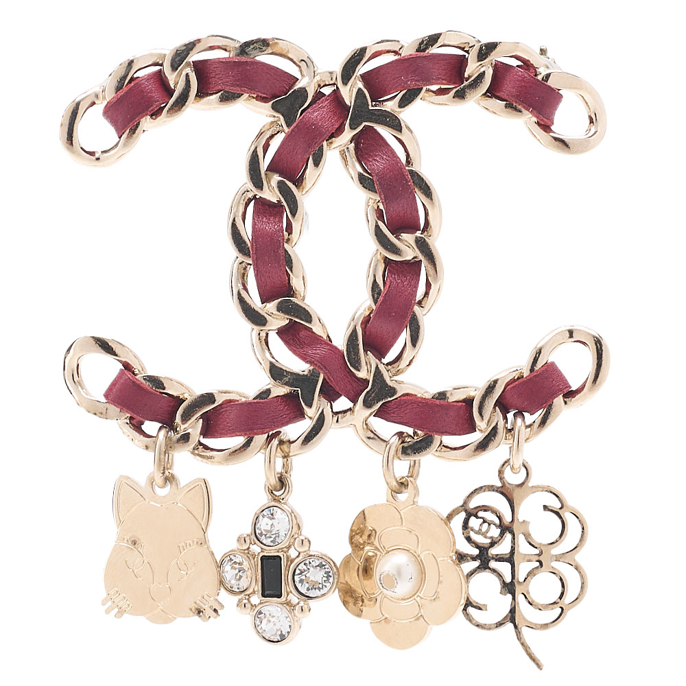 CHANEL シャネル ココマーク アイコン B17B 胸飾り GP×フェイクパール×革（ゴールドメッキ）赤（ゴールド金具） レディース胸飾り ご機嫌ブランド名【中古】【貨物輸送無料】