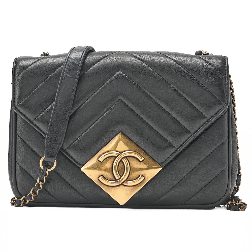CHANEL　シャネル　ラムスキン　Vステッチ　シェブロン　ダイヤココマーク　チェーンショルダー　黒　ゴールド金具　レディースバッグ　ブランド【中古】【送料無料】｜Vintage La Charme