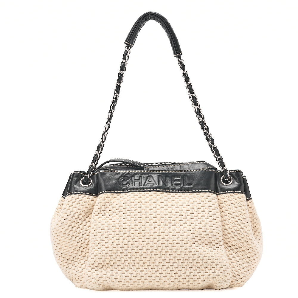 CHANEL シャネル  ロゴタイプ目じるし   一ショルダーバッグ  綿織物×子ヒツジ人はだ 黒×白（ しろがね色金具）ハンドバック  レディース御徒面子 ご機嫌ブランド名【中古】【貨物輸送無料】