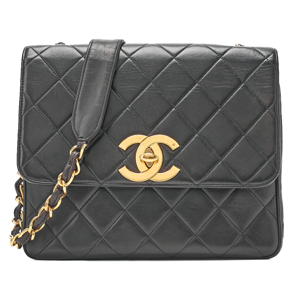 CHANEL シャネル チェーン店ショルダーバッグ 真四角型 子ヒツジ素はだ デカココ 黒  ゴールド金具【中古】【貨物輸送無料】