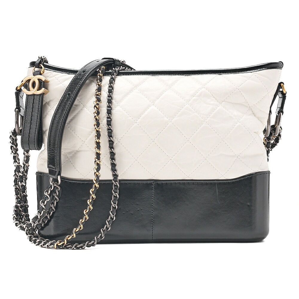 CHANEL シャネル ヴィンテージカーフ ガブリエル ドゥ シャネル チェーン店肩肉 白いこと×黒いこと ゴールド×しろがね色金具 レディース【中古】【貨物輸送無料】