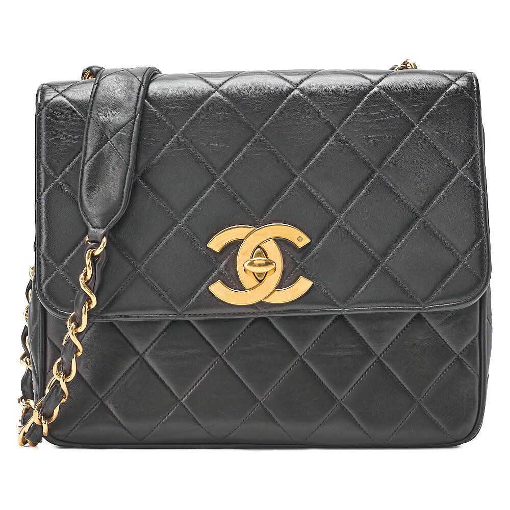 CHANEL シャネル チェーン店ショルダーバッグ 真四角型 子ヒツジ素はだ デカココ 黒  ゴールド金具【中古】【貨物輸送無料】